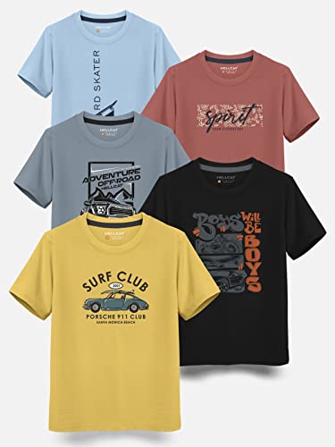 Image of HELLCAT Boys Round Neck Printed Blended Cotton Tshirt -Combo Pack of 2 - Orange /Blue