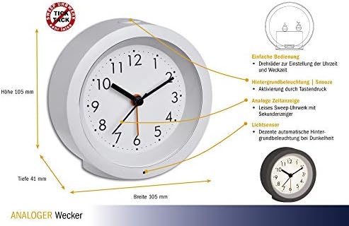 TFA Dostmann Analogue Alarm Clock, 60.1029.02, Non Ticking, Bedside, Snooze Function, nightlight, White, (L) 105 x (B) 41 x (H) 105 mm