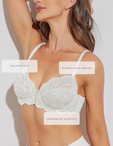 Deyllo Women’s Sheer Lace Bra Underwire Unlined Bra Full Coverage Non Padded(White,34D