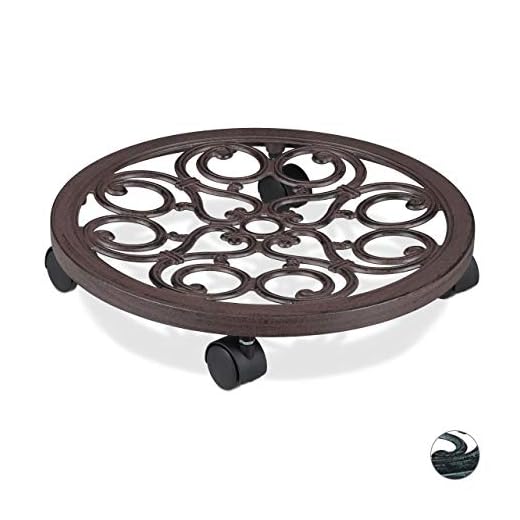 Relaxdays Soporte para Macetas con Ruedas, Base Plantas Redonda de Interior y Exterior, 1 Ud., Ø 38 cm, Aluminio, Marrón