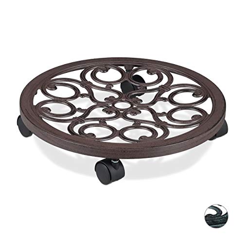 Relaxdays Pflanzenroller rund, Metall, Gefäßroller für innen & außen, antik, Ø 38 cm, Rolluntersetzer Blumentopf, braun