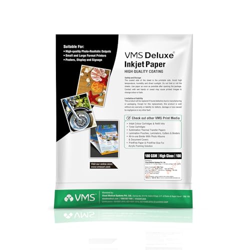 Image of VMS Deluxe 180 GSM 4R (4x6) Glossy Photo Paper - Water Resistant,Pack of 100 sheets, Compatible with all Inkjet Printers (Not A4 Size)