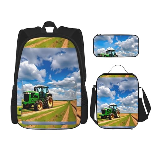 YHBLYKXP Tractor under blue sky and white clouds print 3-Piece Casual Backpack Set (Backpack + Waist Bag + Small Pouch), Unisex Daypack