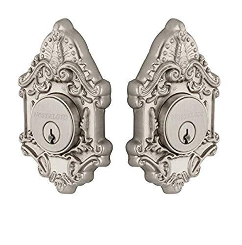 Nostalgic Warehouse 733020 Victorian Plate Double Cylinder Deadbolt Victorian Door Knob in Satin Nickel,