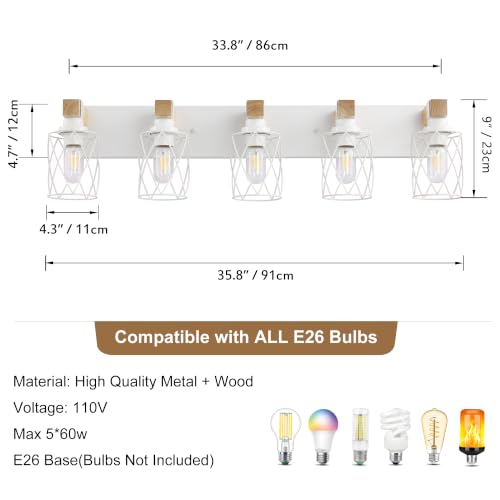 Image of Farmhouse 5-Light Wood Bathroom Vanity Light, White Metal Cage Shade | Mounted Over Mirror, Industrial Rustic Style, Ideal for Bathroom, Bedroom, Hallway & Living Room, Easy To Install