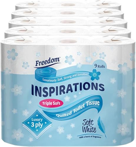 Image of Freedom Inspirations Luxury 3Ply Toilet Roll - 45 Quilted Soft White and Scented Hygiene Bulk White Toilet Tissue and Loo Rolls