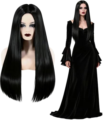 ASINWIN Gothic Black Wig for Adult Women Long Straight Center Part Wig