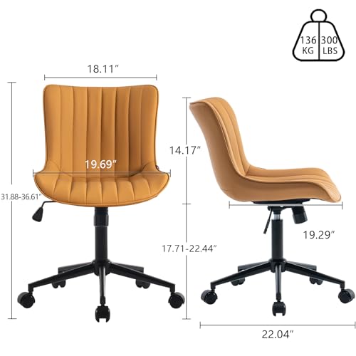 Image of YOUNIKE Office Desk Chair with Wheels Armless Vanity Chair Modern Tan | Faux Leather Upholstered with Rocking Back, Swivel Height Adjustable Small Cute Computer Rolling Task Chair Ergonomic 300lb
