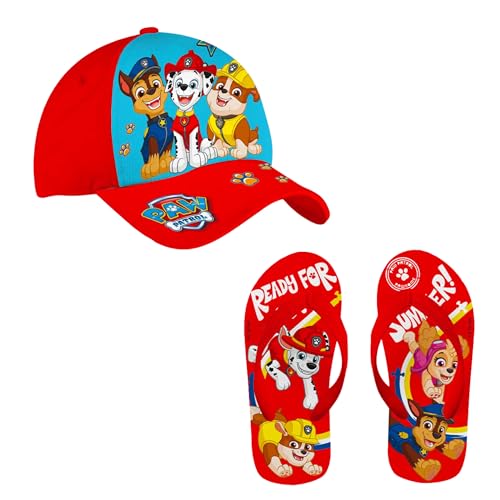 Paw Patrol Gorra y Chanclas para Niños, Diseño La Patrulla Canina Gorra de Beisbol para Niños | Talla EU 27/28 - Rojo