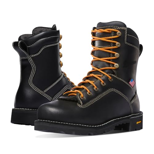 Danner 8” Quarry USA Waterproof Work Boots for Men - Full-Grain Leather with Gore-Tex, 3-Density Cushion Footbed & Traction Heel Outsole, EH Resistant, Black - 7 EE