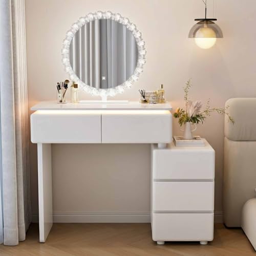 HSSTYLE Tocador con Espejo LED y Taburete, Mesa de Maquillaje con 3 cajones de Almacenamiento, tocador Compacto y pequeño para Dormitorio o Sala de Estar.,Blanca