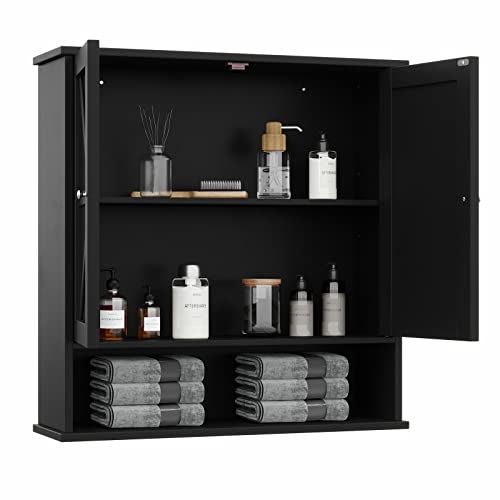 Reettic Two Door Wall Cabinet, Wooden Medicine Cabinet, Wall Mounted Bathroom Storage Cabinet With Inner Adjustable Shelf, For Bathroom, Kitchen, Entryway, Black Bmgz103B #TOP6