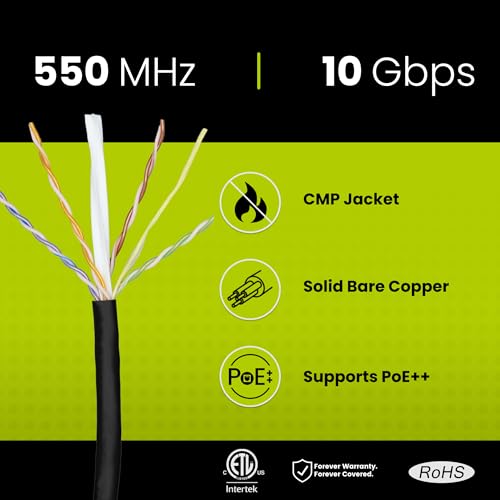 trueCABLE Cat6 Plenum (CMP), 1000ft, Blue, 23AWG 4 Pair Solid Bare Copper, 550MHz, PoE++ (4PPoE), ETL Listed, Unshielded Twisted Pair (UTP), Bulk Ethernet Cable by TRUE CABLE - Image 2