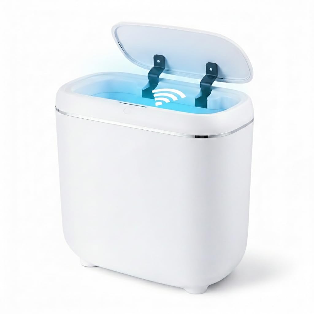 Motion Sensor Trash Can, Automatic Touchless Trash bin, 2.6 Gallon for Bathroom, Bedroom & Office - Waterproof, Quiet Close, White