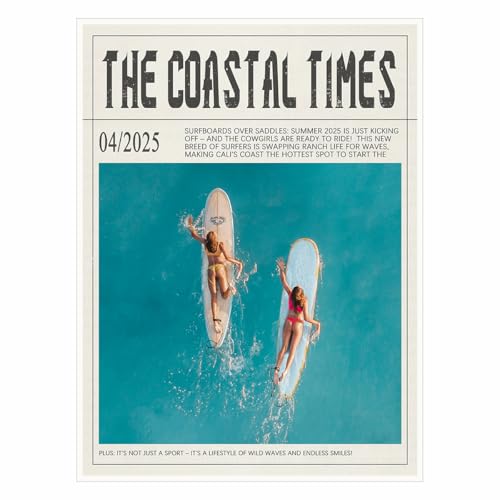 Summer surf print wall art vintage The Coastal Times beach surf Canvas posters fashionable girl summer surfing lover coastal city living room bedroom wall decor 11x14in Unframed