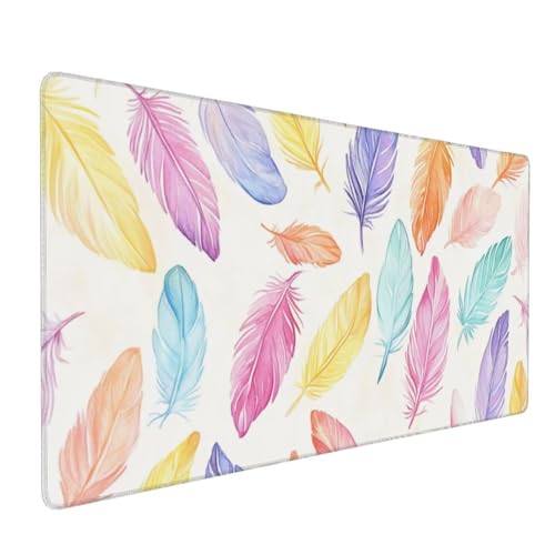 Tapis de Souris de Jeu,900x500x3mm XXL Tapis Souris Gaming Grande,Améliore la précision et la Vitesse,Bureau Antidérapant Étanche,sous Main à Bords Cousus pour Gamer,Ordinateur Plumes colorées J-7123