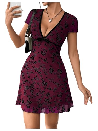 SHENHE Women's Y2k Floral Print Deep V Neck Short Sleeve Fit and Flare Vintage Mini Dress