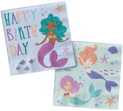 Folat B.V. - Folat 23928 Decoração sereia de aniversário azul com purpurina iridescente - guardanapos - Mermaid Magic - 33 x 33 cm - 20 unidades - louça para festas do mundo subaquático, cor