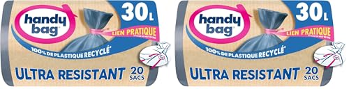 Handy Bag Sacs poubelle à liens pratique Ultra Résistant & Fond anti-fuite, 100% plastique recyclé, 1 rouleau de 20 sacs poubelle 30L (Lot de 2)