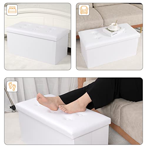 Dywmm Folding Leather Storage Ottoman - 30 Inches Long Shoes Bench Faux Leather Foot Rest Stool With Padded Seat Deep Storage Ottoman Bench For Living Room And Bedroom 30X15 X15 Inch White #TOP2