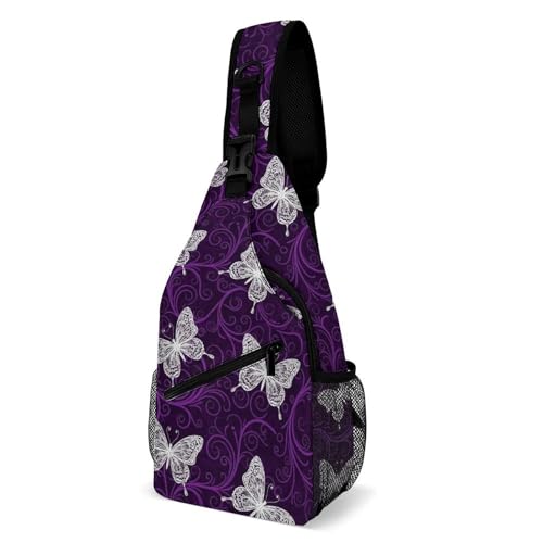 Fashion Traveling Running Casual Chest Bag, Dress Decor Sling Backpack, Shoulder Bag Casual Day Pack Purple Butterflies