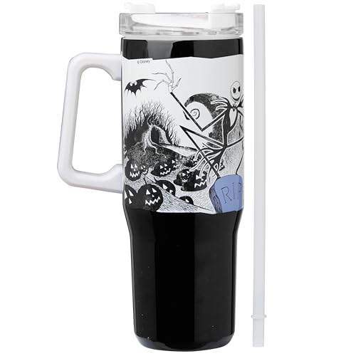 Get Trend Disney Insulated Tumbler with Straw 940ml/32oz Nightmare Before Christmas Stainless Steel Travel Mug for Hot Cold Drinks Metal Water Bottle (Black/White Jack)