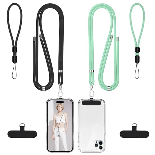 Image of takyu Phone Lanyard, 2 Pack Adjustable Cell Phone Lanyard Crossbody Neck Strap & 2 Pack Phone Wrist Strap with Tether Tabs Compatible for iPhone Android Smartphones-Black Green