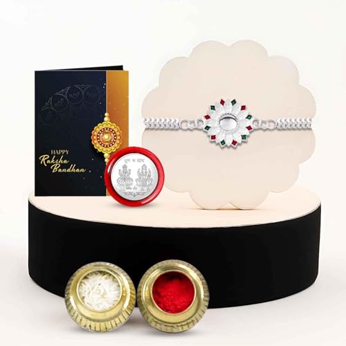 Image of Oblivion Rakhi for Bhai & Bhabhi with Fridge Magnet - Sylish Gold Plated Design Rakhi for Bro & Lumba for Bhabhi, 2 Pc Fridge Magnet, Silver Color Coin, Greeting Card & Tilak Set - Raksha Bandhan Combo