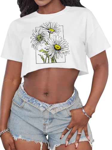 Image of Crop Tops for Women Oversized Short Sleeve T Shirts Crew Neck Cropped Tees