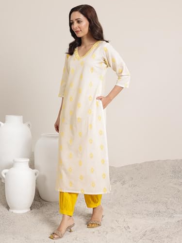 Image of Libas Woven Design Cotton Blend Straight Kurta With Salwar and Dupatta