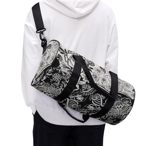 Sac de gym fleurs noires et blanches format cabine pour le camping
