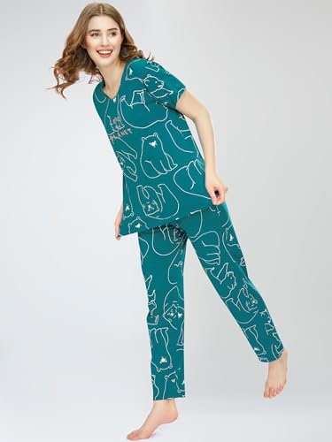 Image of ZEYO Night Suit for Women's Polar Bear Printed Cotton Night Dress of Top and Pajama Set 5776