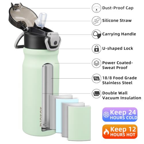 Image of BJPKPK 18 oz Water Bottle with Straw & Handle, Insulated Stainless Flask | Leak Proof Locking Lid, Thermal, Double Wall Vacuum, Keeps Hot /Cold, BPA Free, Dishwasher Safe, Travel & Sports, Sage