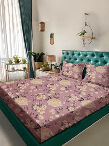 Image of ROSARAHOME 180 TC Microfiber Flat Queen Size Double Bed Bedsheet with 2 Pillow Cover| Bedsheet:240cmx225cm Pillow Covers:45cmx70cm,Floral Peach