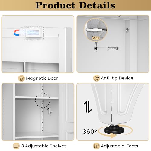 71" White Metal Wardrobe Closet with Lock, Tall Storage Cabinet with Hanging Rod & 3 Adjustable Shelves, Heavy Duty Steel Armoire for Bedroom, Laundry, Home Office, Minimalist Design - Image 6