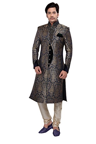 Royal Look Navy Blue Brocade Silk Indian Wedding Sherwani For