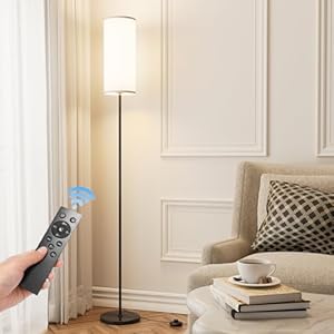 Floor Lamp for Living Room, Modern Standing lamp with Remote Control, Stepless Dimmable 12W Bulb & Beige Lampshade Included, Black Pole Tall Floor Lamp for Bedroom Office