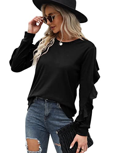 Saloogoe Sweatshirt For Women Pullover Sweaters Ruffle Sleeve Winter Tops Black L #TOP1