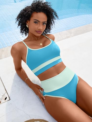 Image of ANRABESS Women's High Waisted Bikini Sets,Color Block 2 Piece Swimsuits,Tummy Control Bathing Suits,Thick Ribbed Beach Wear