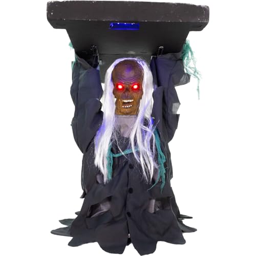 Image of Haunted Hill Farm Tombstone Lifter by Tekky, Battery-Operated, Sound Activated Animatronic Zombie with Sound Effects and Lights for Indoor or Covered Outdoor Creepy Halloween Decoration