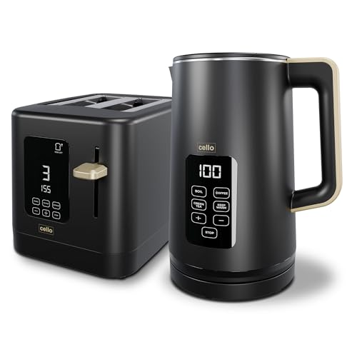 Black 800W 2 Slice Toaster, 1.7L 3000W Digital Kettle | Toaster with Detachable Crumb Tray, Digital Control Panel with Countdown Timer, BPA-Free Auto Shut-off Electric Temperature Control Kettle