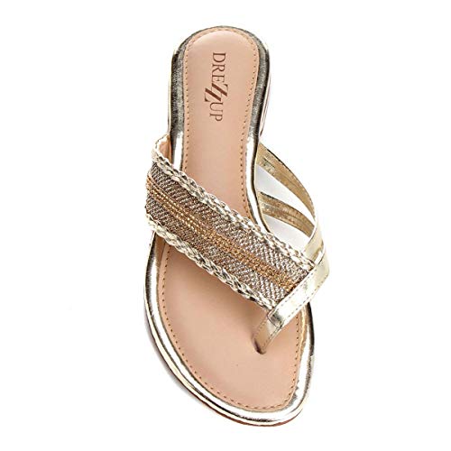 Rasteira Drezzup Metalizada Strass Trança - Dourado - 34