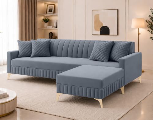 Image of AMATA Falcon 4 Seater L Shape Suede Velvet Fabric lightgrey Colour Sofa Set with Two Cushions Perfect for Home Office Guests Living Room (Falcon lightgrey, Falcon 4 Seater l Shape)(3 Year Warranty)