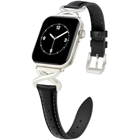 JR.DM Leather Bands Women Compatible with Apple Watch 40mm 38mm 44mm 45mm 41mm 42mm 46mm 49mm Dressy Slim Strap with Fashion X-Shaped Metal Crown for iWatch Series Ultra/SE/10/9/8/7/6/5/4/3/2/1 Black Cover