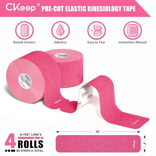 Image of CKeep 4 Rolls Kinesiology Tape, Original Cotton Elastic Athletic Tape, 20 Precut 10 inch Strips Each, Pink, Ideal for Muscle Support & Injury Prevention
