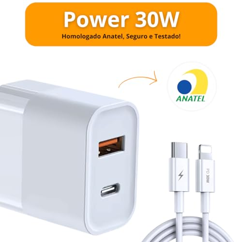 Carregador Turbo 30W Tipo-C para Lightning Compatível Com iPhone 8 Plus X Xr 11 12 13 14 Pro e Max C