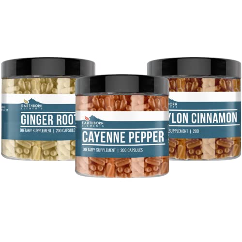 Earthborn Elements Cayenne Pepper, Ceylon Cinnamon & Ginger Root Bundle (200 Capsules Each), Pure & Undiluted, No Addititves #TOP22