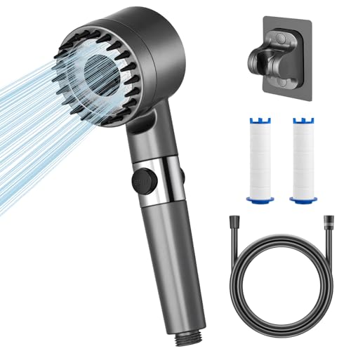 JOEJONI Pommeau de douche avec filtre, économie d'eau, douche à main haute pression avec 3 + 1 types de jet, pommeau de douche avec tuyau, pour éliminer...