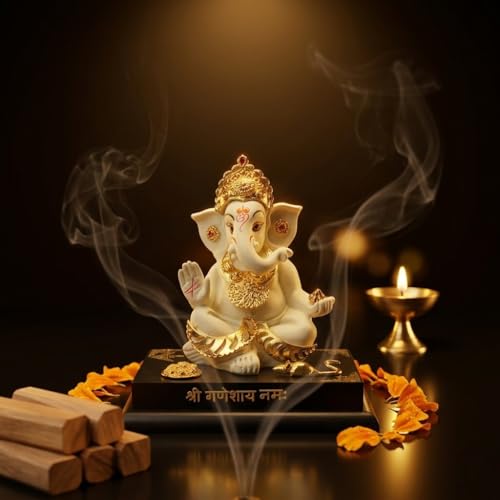 Image of Ganesha Idol for Home Decor | 4 Inch Golden Resin Ganpati Murti | Small Ganesh Ji Idol for Car Dashboard, Office Desk, Pooja Room | Vastu Decorative Statue (172g)