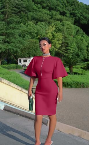 Image of Memoriesea Women's Basic Bodycon Ruffle Flared Short Sleeve Pencil Midi Dress
